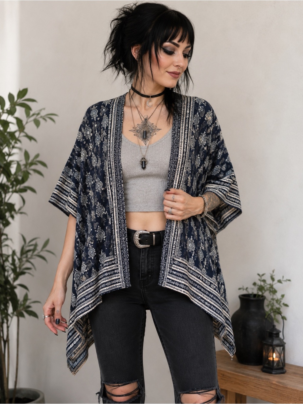 Lucky Brand Boho Paisley Open Front Waterfall Kimono Wrap One Size